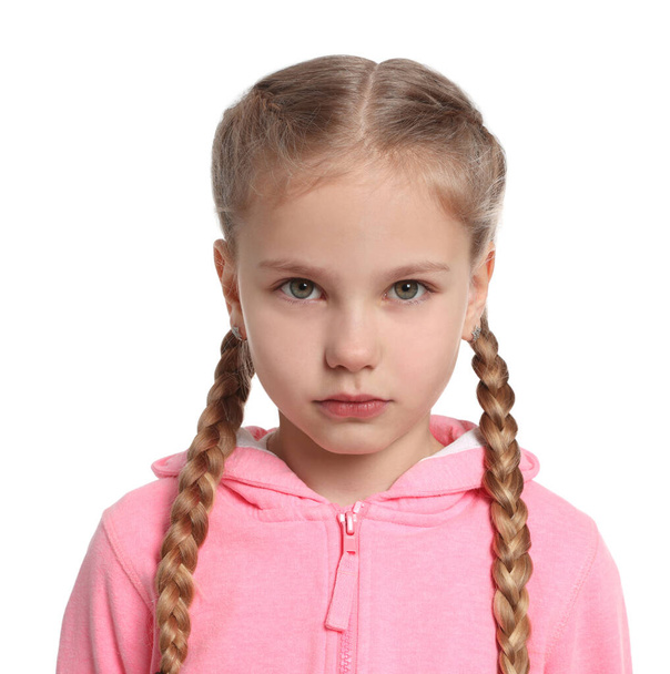 Upset girl on white background. Children's bullying - Фото, зображення