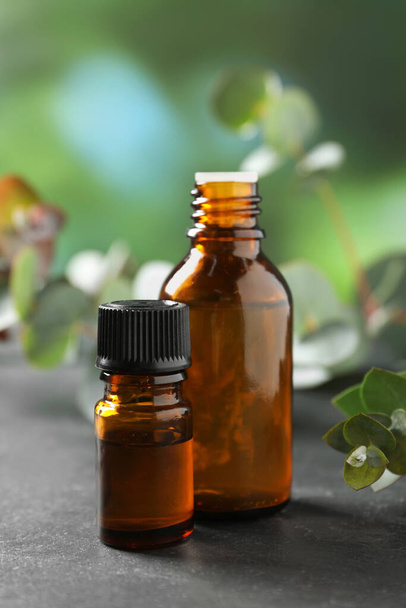 Bottles of eucalyptus essential oil and plant branches on grey table - Foto, immagini