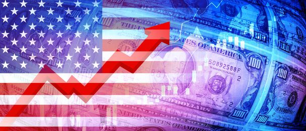 United States flag, dollar bills, stock market chart and rising red arrow financial data. Employment, interest, inflation, recession and financial concept background image - Photo, Image