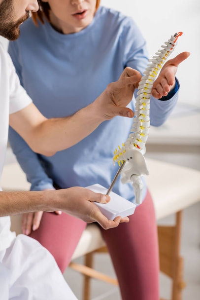cropped view of chiropractor pointing at spine model near patient in rehabilitation center - Zdjęcie, obraz