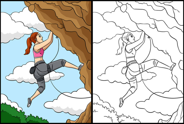 На цій кольоровій сторінці зображено "Rock Climber". Одна сторона цього прикладу кольорова і служить джерелом натхнення для дітей.. - Вектор, зображення