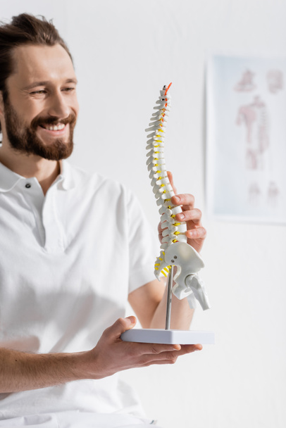 Zufriedener bärtiger Osteopath schaut sich Wirbelsäulenmodell im Sprechzimmer an - Foto, Bild