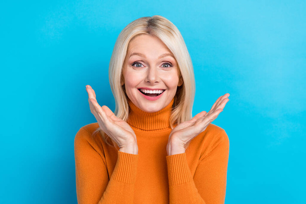 Portrait of overjoyed cheerful lady wear bright comfort outfit rejoice low prices black friday isolated on blue color background. - Fotoğraf, Görsel