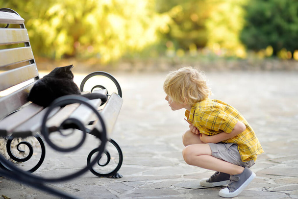 Cute preschooler child is admiring of black kitten lying on a bench in public park. Cute boy is looking at stray cat. Problem of homeless animals walking on street of a city. - Valokuva, kuva