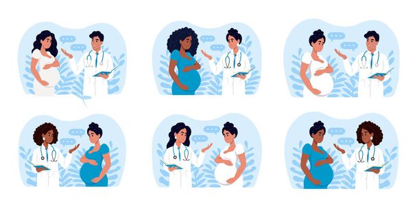 Лікарі і вагітні жінки різних рас і віків. Чоловіки і жінки-лікарі розмовляють з пацієнтами, використовуючи таблетки в консультації
. - Вектор, зображення