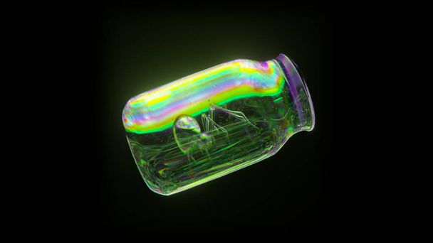 Abstract concept. A brilliant spider runs inside a transparent jar. Green iridescent green color. 3d illustration. High quality 3d illustration - Photo, Image