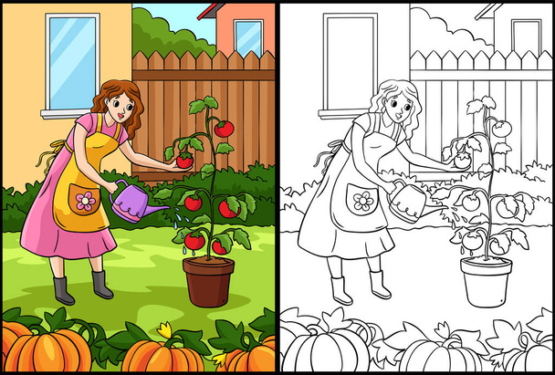 Esta página para colorear muestra un jardinero. Un lado de esta ilustración es de color y sirve como inspiración para los niños. - Vector, Imagen