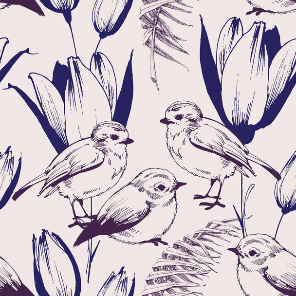 Birds and tulip flowers cute spring seamless pattern - Wektor, obraz