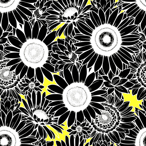 senza soluzione di continuità motivo floreale bianco e nero su sfondo giallo, texture, design - Vettoriali, immagini