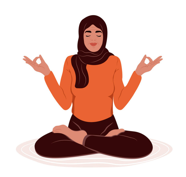 Mujer musulmana anciana con ojos cerrados meditando en postura de loto de yoga. Mes de la conciencia del estrés. El concepto de zen y armonía. Mes de Concientización sobre Salud Mental - Vector, Imagen