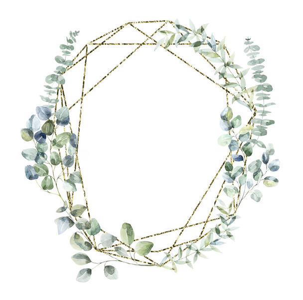 Gold Frame with green Branches. Watercolor Illustration. - Photo, image