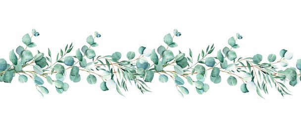 Horizontální akvarel květinové bezešvé okraje vzor. Eukalyptus a pistáciové větve. Ručně kreslená botanická ilustrace. Lze použít pro tkaniny, obaly, rámy, lepicí pásky a papír - Fotografie, Obrázek