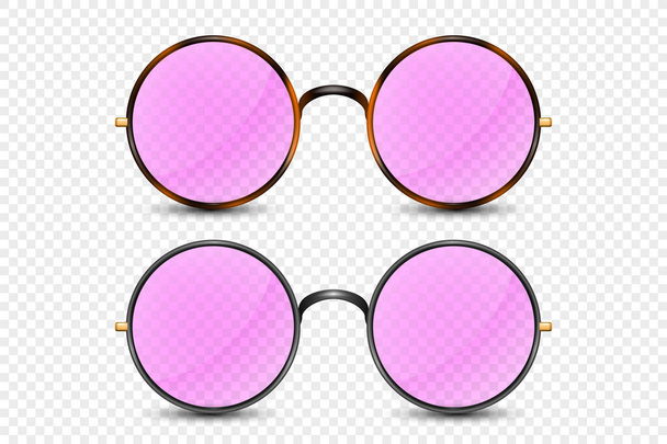 Vector 3d Realistic Frame Glasses with Pink Glass. Golden, Silver, Black Color Frame. Pink Transparent Sunglasses for Women and Men, Accessory. Optics, Lens, Vintage, Trendy Glasses. Front View. - Vettoriali, immagini