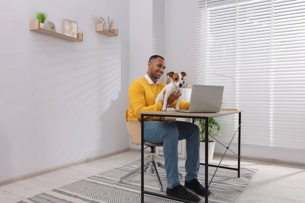 Young man with Jack Russell Terrier working at desk in home office - Foto, imagen