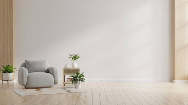 Современный дизайн интерьера с серым креслом на пустом фоне белой стены. - Фото, изображение