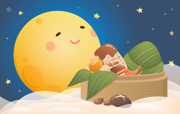 Gyönyörű hold és zongzi, a Sárkányhajó Fesztivál plakátja, hagyományos fesztivál Kínában és Tajvanon - Vektor, kép