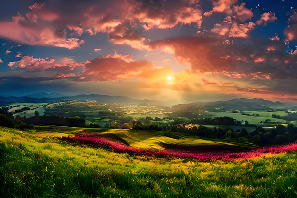 Spokojna łąka na szczycie wzgórza, świeci ciepłą kolorystyką zachodu słońca. Wysokie trawy, dzikie kwiaty i toczące się wzgórza otaczają scenę, tworząc spokojną i malowniczą wiejską atmosferę. - Zdjęcie, obraz