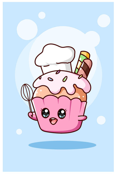 Cute and sweet cupcake as chef cartoon illustration - Vektör, Görsel