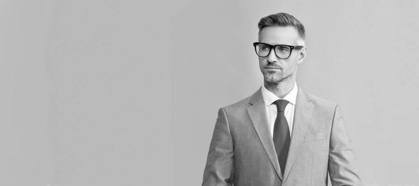 Man face portrait, banner with copy space. guy look like nerd. confident businessman in suit. male fashion accessory. copy space - Photo, Image