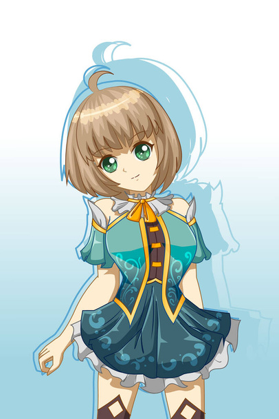 Cute and beautiful girl with blue dress character game cartoon illustration - Vettoriali, immagini