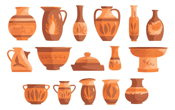 set vector illustration of ancient greek brown vase with wine or olive oil isolate on white. - ベクター画像