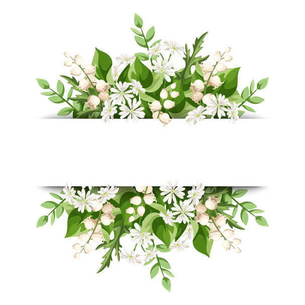 Banner with green leaves and small white flowers. Vector illustration - Vector, Image