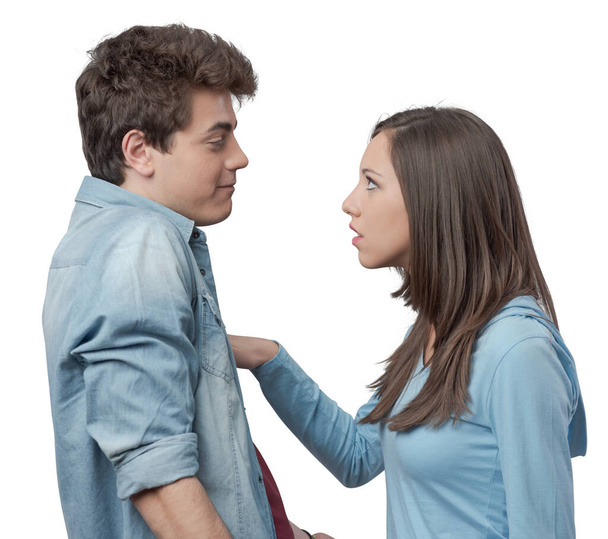 Young angry woman arguing with his boyfriend and pointing at him - Foto, Imagem