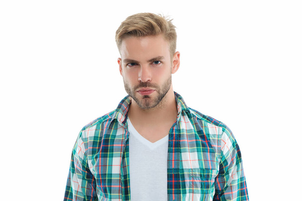 portrait of millennial guy on background. millennial guy in studio. photo of millennial guy wearing checkered shirt. millennial guy isolated on white. - Foto, imagen