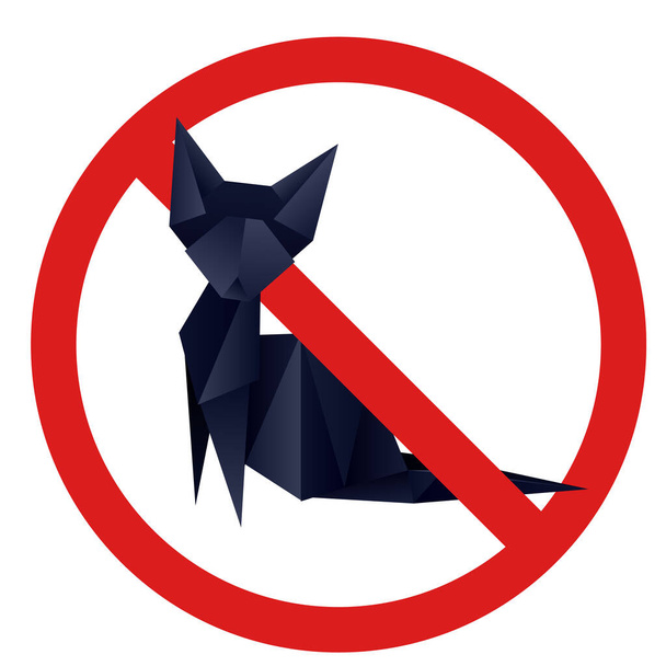Vector forbidden sign with polygonal black cat. Forbidden badge with origami kitten. Ban on hunting. Paper folded animal. Element for greeting cards, banners and your design. - Wektor, obraz