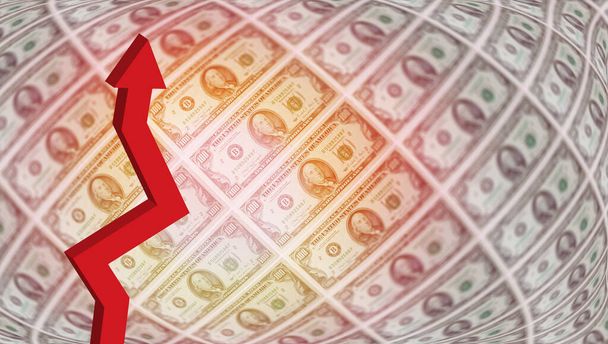 Dollar bills with rising red arrow - unemployment, employment, interest, inflation, recession and financial concept background image - Photo, Image