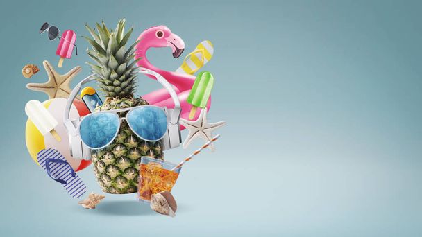 Cheerful funny pineapple wearing headphones and sunglasses surrounded by beach accessories and summer items, vacations and party concept - Photo, Image