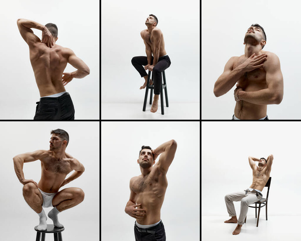 Collage avec des images de mannequin masculin musclé posant. Homme posant torse nu. La masculinité. Concept de santé masculine, beauté, soins du corps et de la peau, fitness, publicité, forme du corps - Photo, image