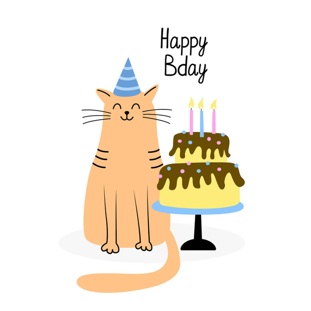 Üdvözlőlap egy aranyos macskával és szülinapi tortával. Kézzel rajzolt lapos vektor illusztráció és boldog születésnapot betű. Vicces kisállat..  - Vektor, kép