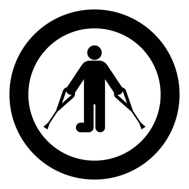 Muž se zlomenou nohou berle hůl sádrovec noha hůl pomocí hole osoba berle trauma koncept ikona v kruhu kolo černá barva vektor ilustrace obrázek pevný obrys styl jednoduchý - Vektor, obrázek