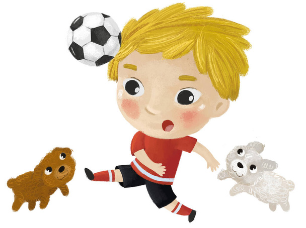 cartoon scene with kid playing running sport ball soccer football - illustration for kids - Zdjęcie, obraz