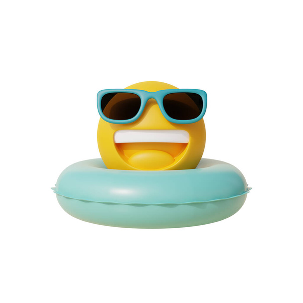 3d smiley personagem vestindo óculos de sol com anel inflável, praia de areia tropical de verão em um dia ensolarado. Férias. Renderização 3d - Foto, Imagem