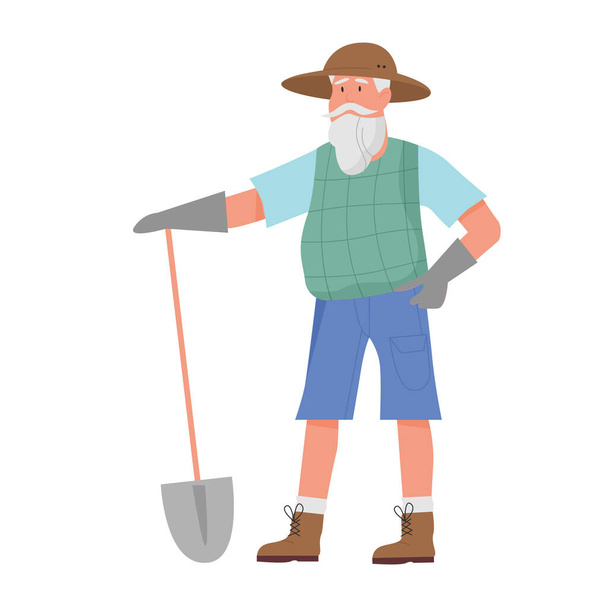 Gardener man with shovel. Gardening activity, farmer equipment vector illustration - Διάνυσμα, εικόνα