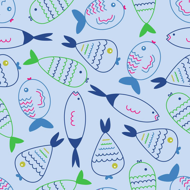 Doodle hand drawn different fishes on seamless background. Cartoon style. Colorful lines Pattern - Wektor, obraz