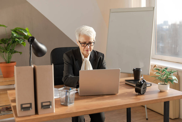 Mulher idosa de meia-idade europeia elegante confiante usando laptop no local de trabalho. elegante mais velho maduro 60s cinza cabeludo senhora empresária sentado na mesa do escritório. Chefe líder professor trabalhador profissional - Foto, Imagem
