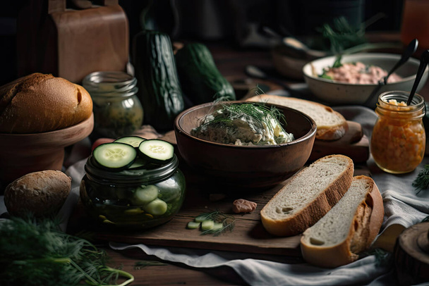 homemade bread with vegetables and spices on a wooden background - Fotó, kép