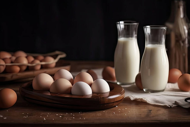 άσπρα και καφέ αυγά με γάλα και σοκολάτα σε ξύλινο τραπέζι. - Φωτογραφία, εικόνα