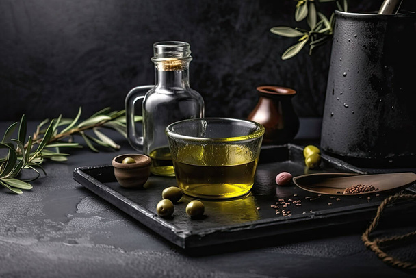 olio d'oliva in vaso di vetro con rosmarino ed erbe su fondo nero. - Foto, immagini