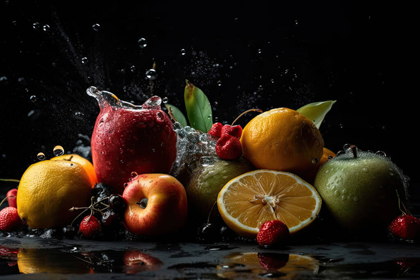 fresh fruits and berries in water on black background - Foto, Imagem