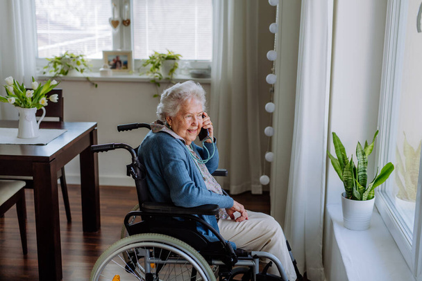 Portrait of senior woman on wheelchair calling. - Valokuva, kuva