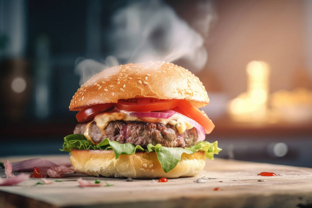 burger with beef, tomato and onion, close-up - Valokuva, kuva