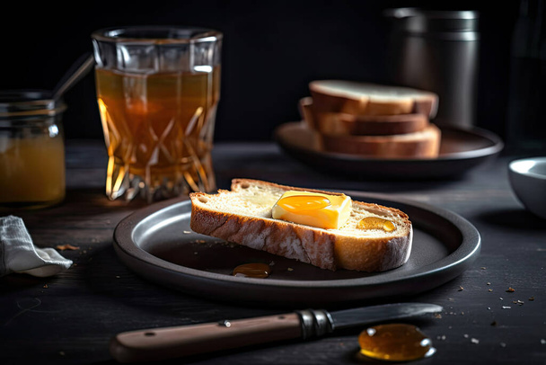 fresh baked bread with honey and coffee on a wooden table. - Foto, immagini