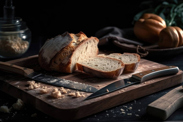 čerstvý pečený chléb s kořením a bylinkami na dřevěné desce - Fotografie, Obrázek