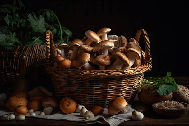 mushrooms in a basket on a wooden background - Valokuva, kuva