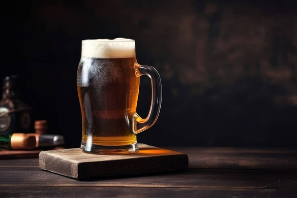 beer mug with foam and a glass of light on a dark background. - Photo, Image