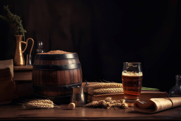 Bierkrug und Glas Wein auf Holztisch - Foto, Bild